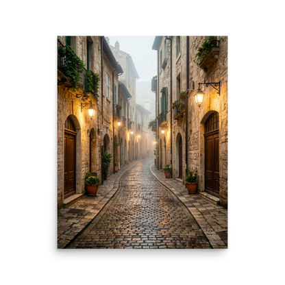 Italian village cobblestone street wall art print, warm lanterns foggy alley calm aesthetic poster, JMTR Jeometry Store