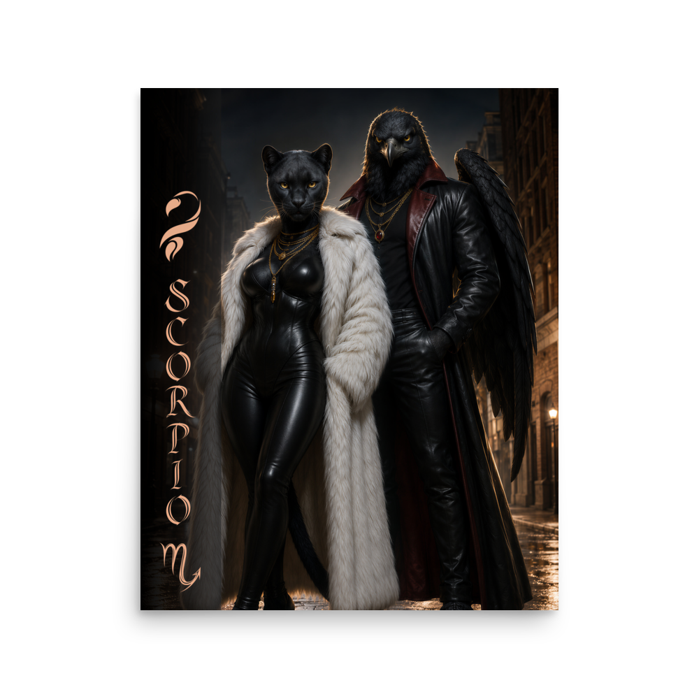 Scorpio power couple zodiac poster with black panther and black eagle