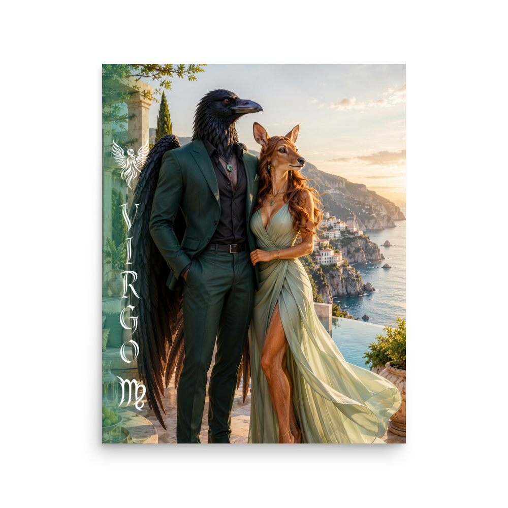 Virgo power couple zodiac poster with raven king and deer queen