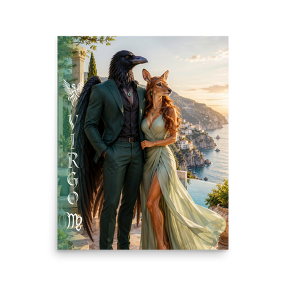 Virgo power couple zodiac poster with raven king and deer queen
