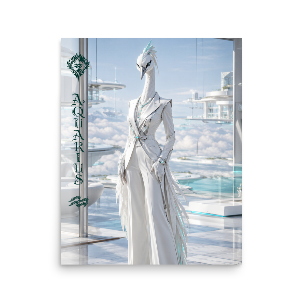 Aquarius woman zodiac poster featuring a white crane standing above the clouds in a futuristic celestial city