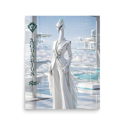 Aquarius woman zodiac poster featuring a white crane standing above the clouds in a futuristic celestial city