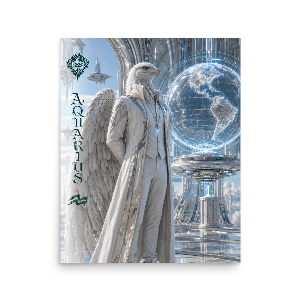 Aquarius man zodiac poster featuring a white eagle standing before a glowing world in a futuristic celestial city