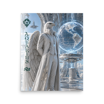 Aquarius man zodiac poster featuring a white eagle standing before a glowing world in a futuristic celestial city
