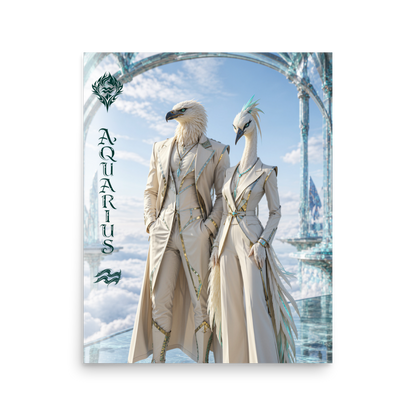 Aquarius power couple zodiac poster with eagle king and crane queen