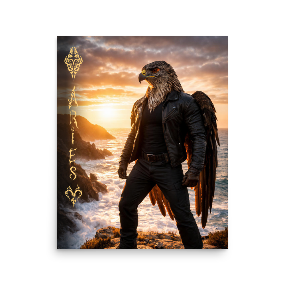 Aries man poster featuring a powerful eagle figure standing above ocean cliffs at sunset, symbolizing strength, courage, and leadership.