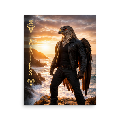 Aries man poster featuring a powerful eagle figure standing above ocean cliffs at sunset, symbolizing strength, courage, and leadership.