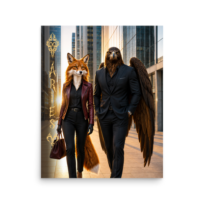 Aries power couple poster featuring eagle and fox archetypes walking together through a modern city, symbolizing strength, ambition, and partnership.