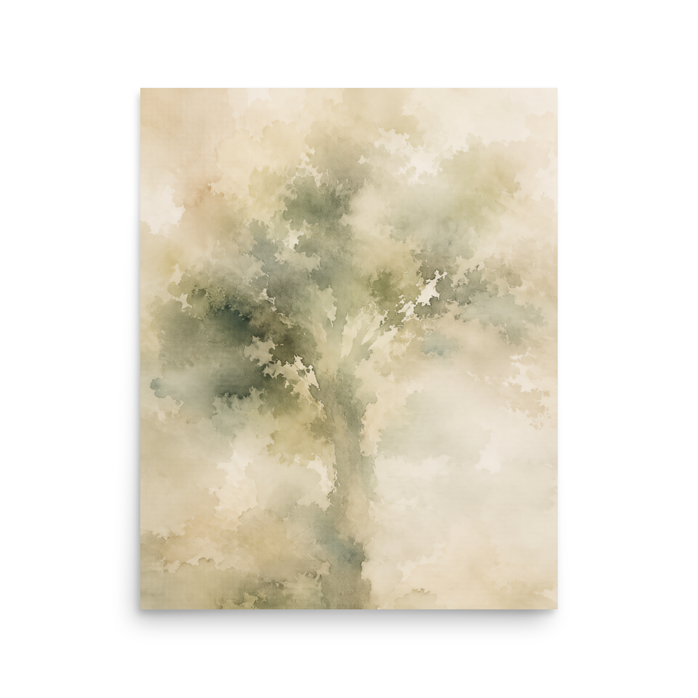 Minimalist nature-inspired poster with a softly emerging tree form in muted green and warm neutral tones