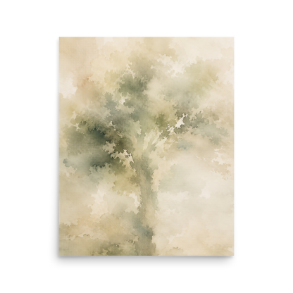 Minimalist nature-inspired poster with a softly emerging tree form in muted green and warm neutral tones