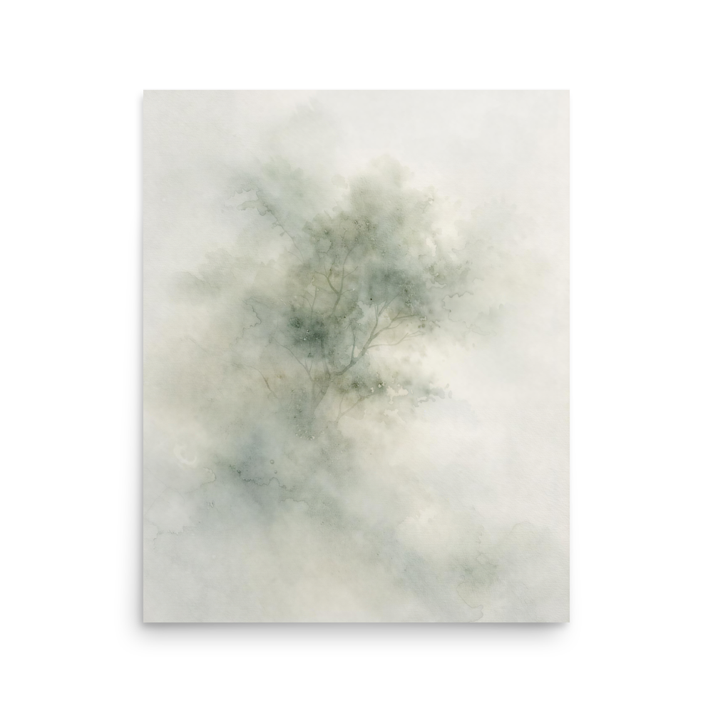 Minimalist watercolor-inspired artwork with a softly emerging tree form and subtle neutral tones.
