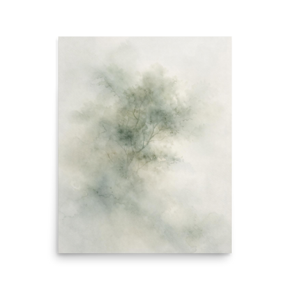 Minimalist watercolor-inspired artwork with a softly emerging tree form and subtle neutral tones.