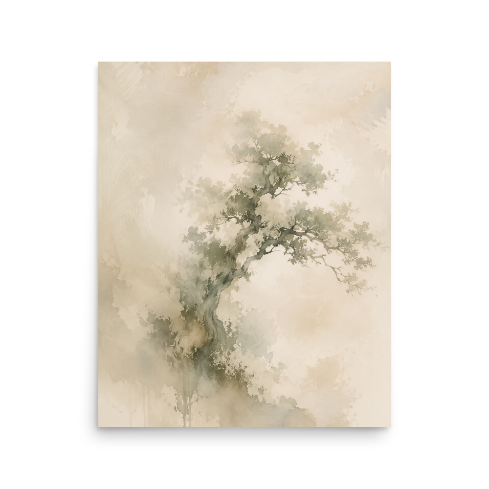Minimalist nature-inspired poster featuring an emerging tree form in soft earthy neutral tones.