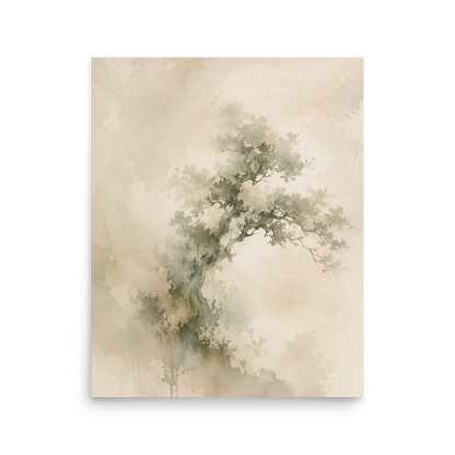 Minimalist nature-inspired poster featuring an emerging tree form in soft earthy neutral tones.