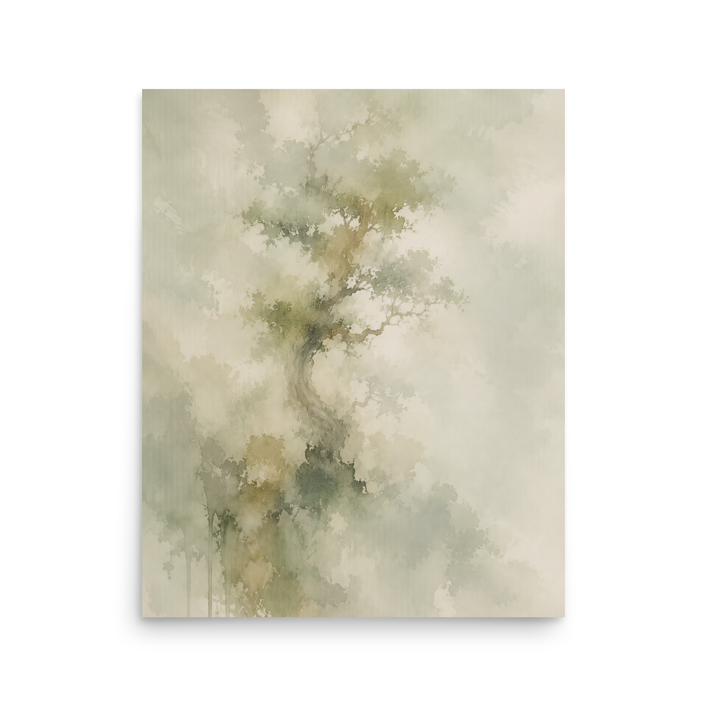 Minimalist nature-inspired poster featuring a softly emerging tree form in muted neutral tones and organic watercolor textures.