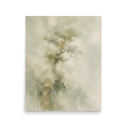 Minimalist nature-inspired poster featuring a softly emerging tree form in muted neutral tones and organic watercolor textures.