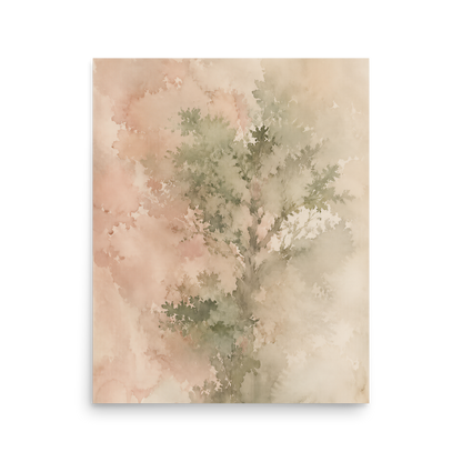 Minimalist nature-inspired poster featuring a softly emerging tree form in blush, sage, and warm neutral tones.
