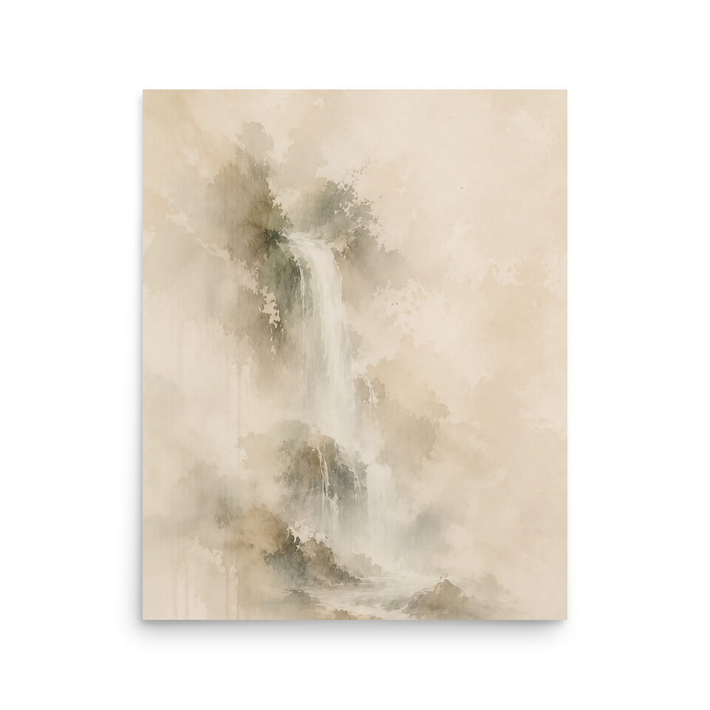 Minimalist waterfall-inspired poster featuring soft flowing forms in warm neutral and muted earth tones.