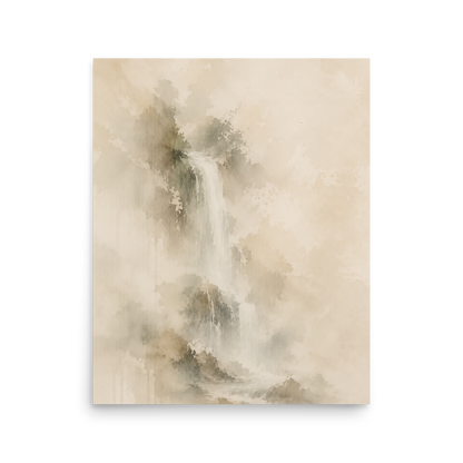 Minimalist waterfall-inspired poster featuring soft flowing forms in warm neutral and muted earth tones.