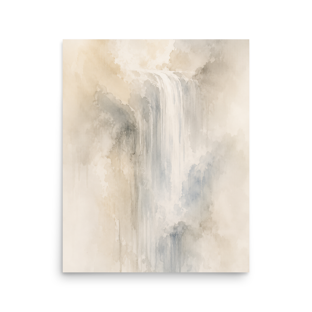 Minimalist waterfall-inspired poster with soft flowing forms in warm neutrals, misty blues, and subtle organic textures.