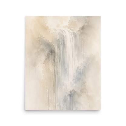 Minimalist waterfall-inspired poster with soft flowing forms in warm neutrals, misty blues, and subtle organic textures.