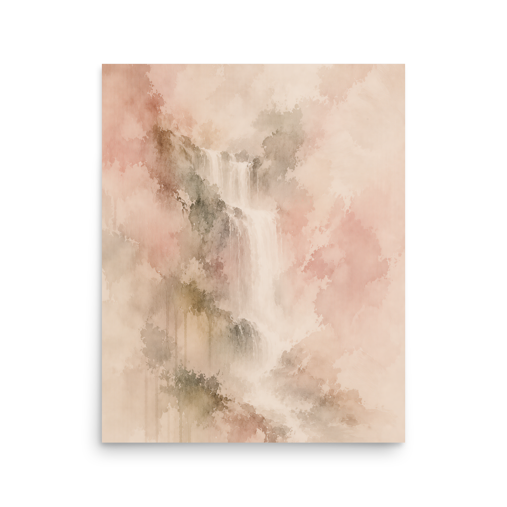 Minimalist waterfall-inspired poster featuring soft flowing forms in blush, warm neutral, and muted earth tones.