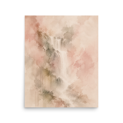 Minimalist waterfall-inspired poster featuring soft flowing forms in blush, warm neutral, and muted earth tones.