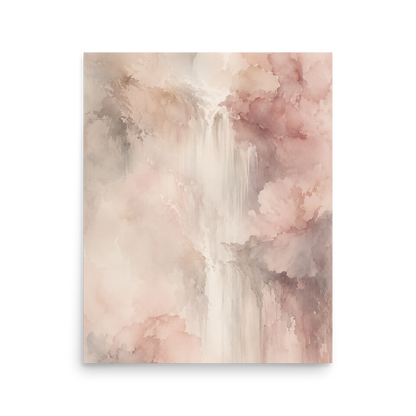 Minimalist waterfall-inspired poster featuring soft flowing forms in blush pink, warm neutrals, and muted earth tones.