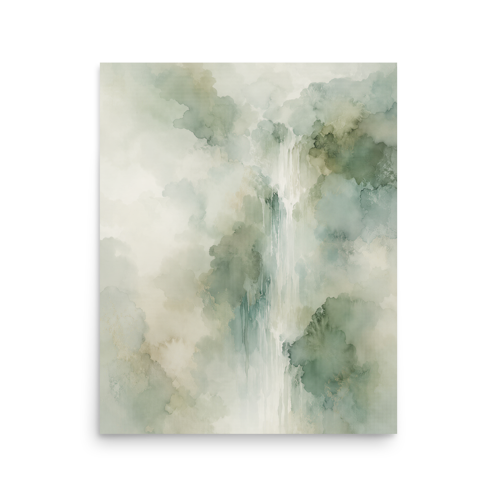 Minimalist waterfall-inspired poster with soft sage green tones, flowing water, and organic watercolor textures.