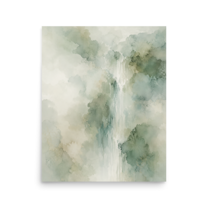 Minimalist waterfall-inspired poster with soft sage green tones, flowing water, and organic watercolor textures.