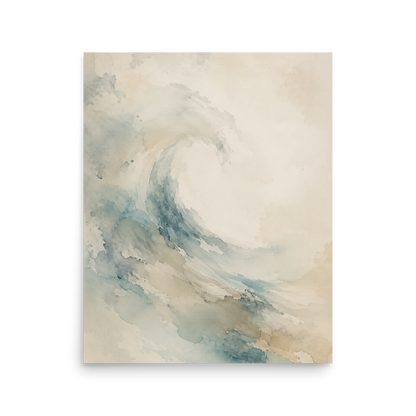 Minimalist ocean wave-inspired poster with flowing watercolor textures in soft blue, sand, and warm neutral tones.