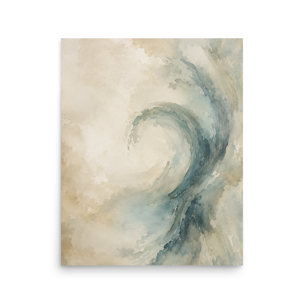 Minimalist ocean wave-inspired poster with flowing watercolor textures in soft blue, ivory, and warm neutral tones.