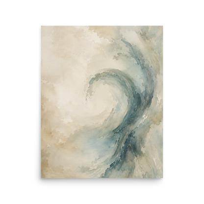 Minimalist ocean wave-inspired poster with flowing watercolor textures in soft blue, ivory, and warm neutral tones.