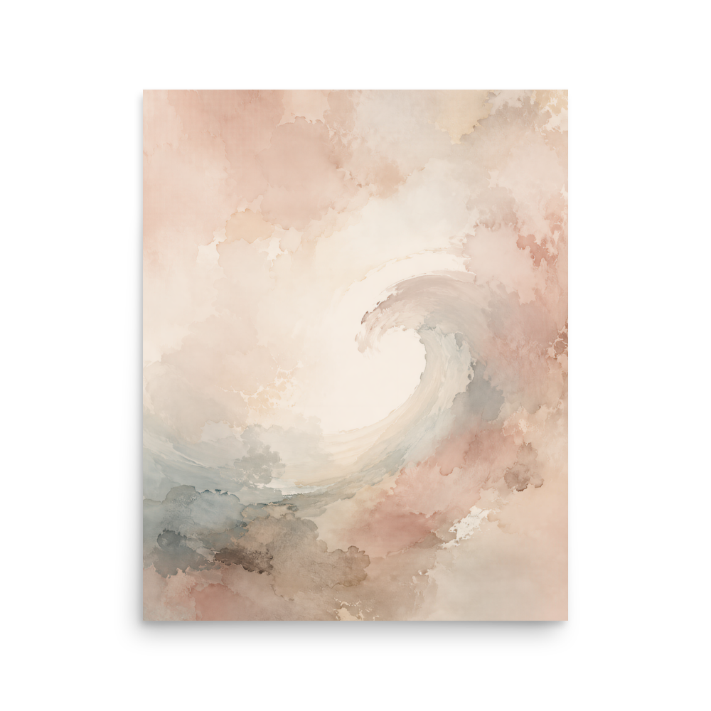 Minimalist ocean wave-inspired poster with flowing watercolor textures in blush, soft blue, and warm neutral tones.