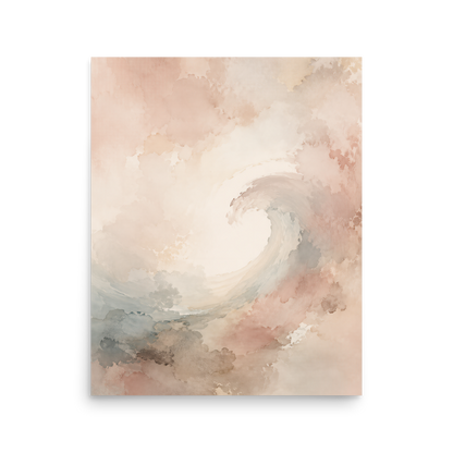 Minimalist ocean wave-inspired poster with flowing watercolor textures in blush, soft blue, and warm neutral tones.