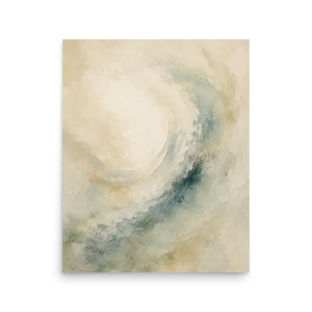 Minimalist ocean wave-inspired poster with flowing watercolor textures in soft blue, sage, and warm neutral tones.