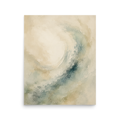 Minimalist ocean wave-inspired poster with flowing watercolor textures in soft blue, sage, and warm neutral tones.
