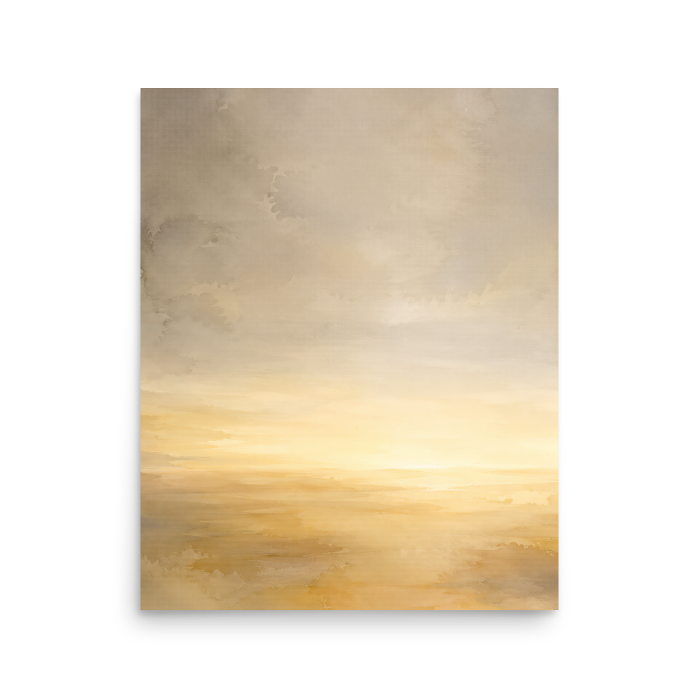 Minimalist sunrise poster featuring a glowing ocean horizon with soft watercolor textures in warm gold, ivory, and neutral tones.