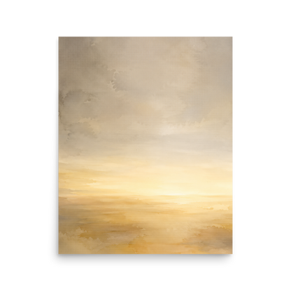 Minimalist sunrise poster featuring a glowing ocean horizon with soft watercolor textures in warm gold, ivory, and neutral tones.