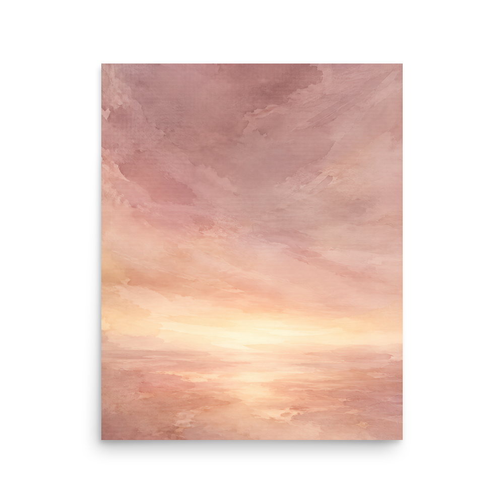 Minimalist sunrise poster with a glowing blush ocean horizon and soft watercolor textures in pink, peach, and warm neutral tones.