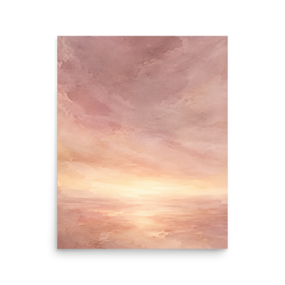 Minimalist sunrise poster with a glowing blush ocean horizon and soft watercolor textures in pink, peach, and warm neutral tones.