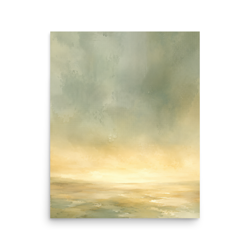 Minimalist sunrise poster featuring a glowing ocean horizon with soft sage green, warm gold, and watercolor textures.