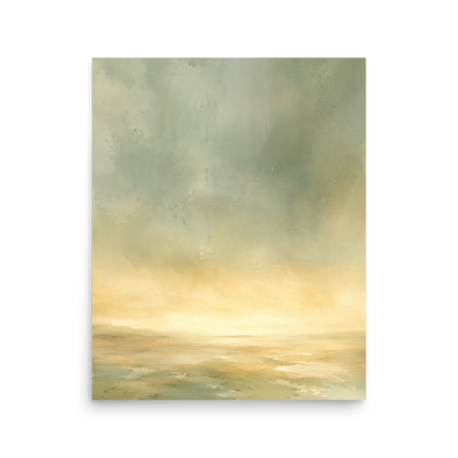 Minimalist sunrise poster featuring a glowing ocean horizon with soft sage green, warm gold, and watercolor textures.