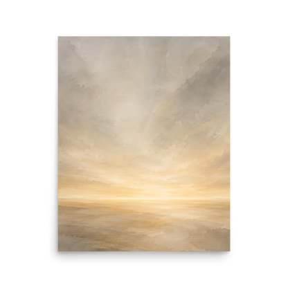 Minimalist sunrise poster featuring a glowing ocean horizon with soft neutral watercolor textures in ivory, beige, and warm gold.