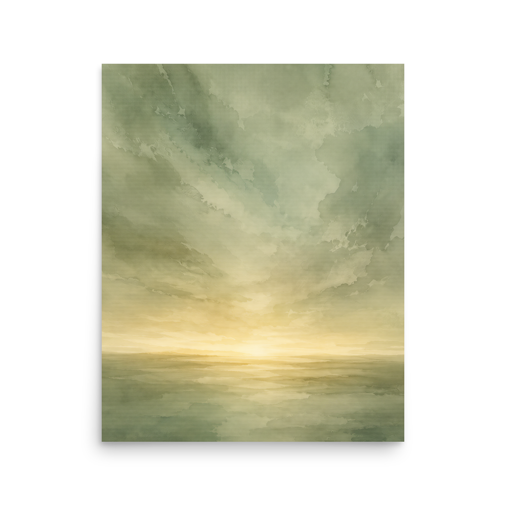 Minimalist sunrise poster featuring a glowing ocean horizon with soft sage green watercolor textures and warm golden light.