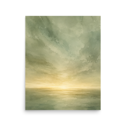 Minimalist sunrise poster featuring a glowing ocean horizon with soft sage green watercolor textures and warm golden light.