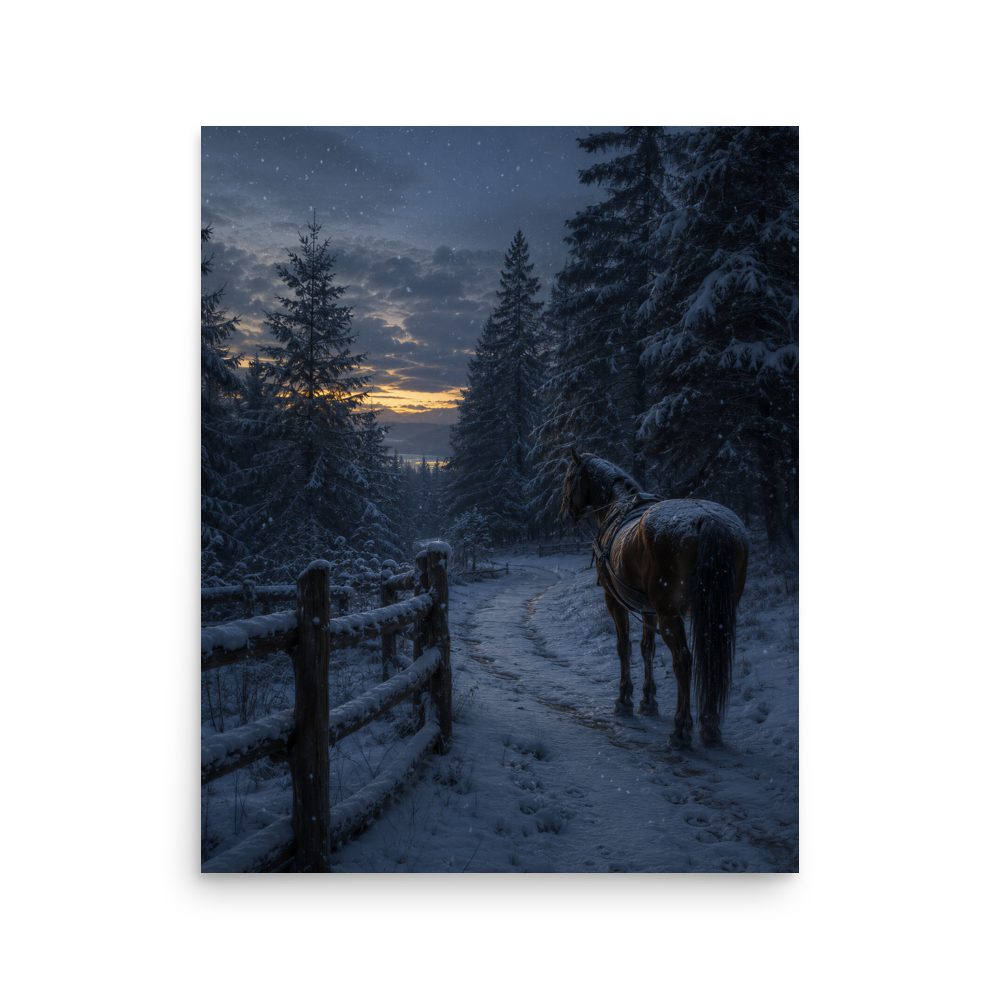 Winter forest poster with a lone horse on a snowy path at dusk, inspired by Robert Frost's Miles to go, original Visual Poetry artwork.