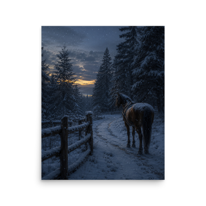Winter forest poster with a lone horse on a snowy path at dusk, inspired by Robert Frost's Miles to go, original Visual Poetry artwork.
