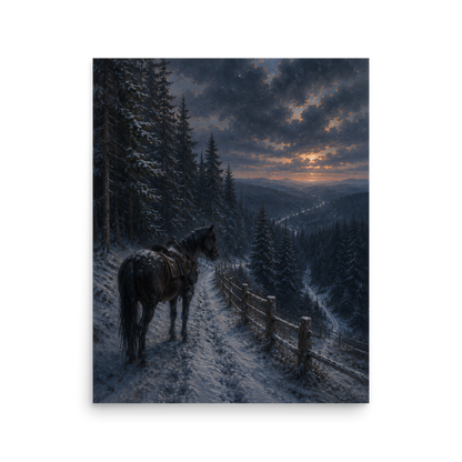 Mountain trail poster with a lone horse on a snowy winter path at sunset, inspired by Robert Frost’s The Road Not Taken, original Visual Poetry artwork.