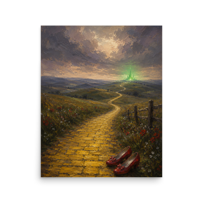 Yellow Brick Road poster featuring ruby slippers beside a winding golden path leading toward a distant emerald city, inspired by There's No Place Like Home, original Visual Poetry artwork.